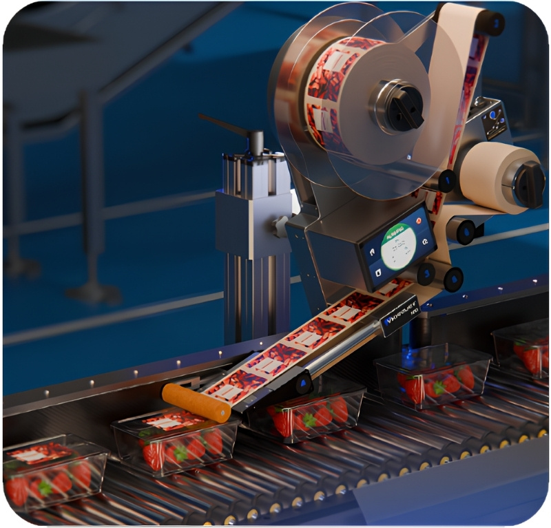 Videojet 9310 applying labels to strawberry packs on a packaging line