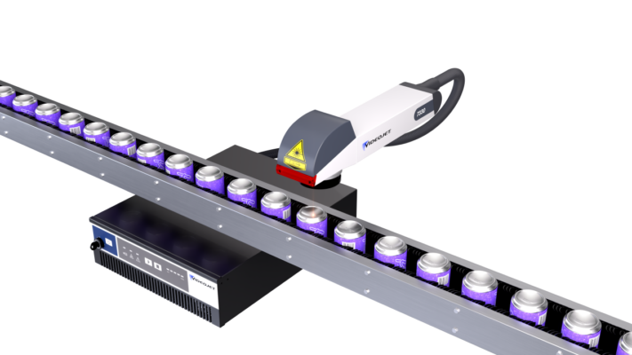 Videojet fiber laser marking system coding beverage cans on a high-speed canning line