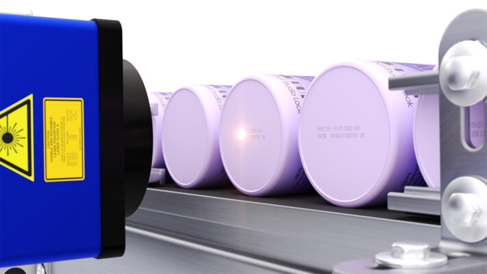 Videojet laser marking system coding cylindrical containers on a production line